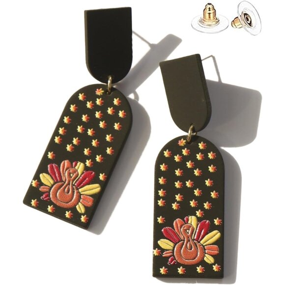 Triple Layer Black Turkey Lightweight Acrylic Thanksgiving Earrings for Women's - Picture 7 of 7